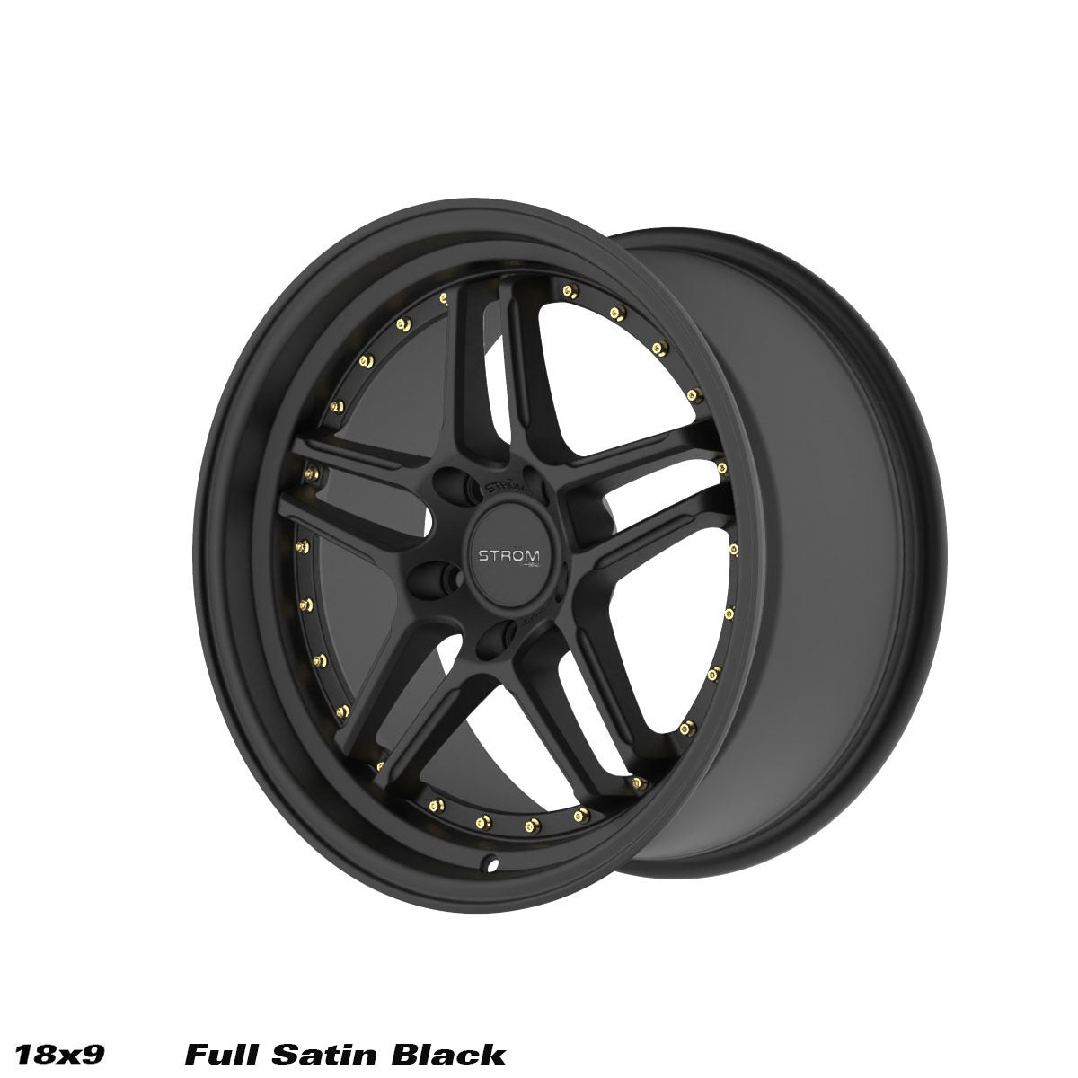 STROM DS-05 Full Satin Black w/ Gold Rivets 18x9 5x114.3 ET33